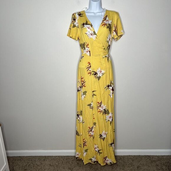 Lulus Wrap Dress Womens XS Floral Maxi Yellow Tropical Print Slit Short Sleeve - Picture 9 of 11